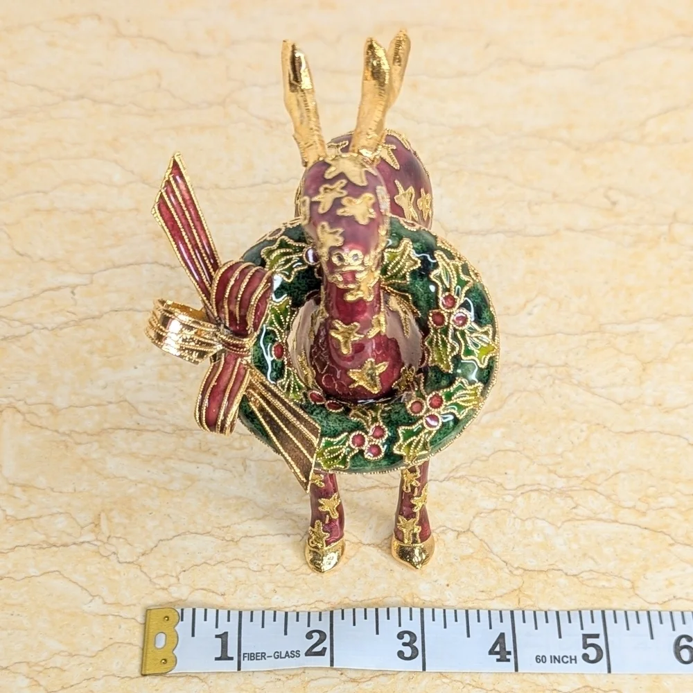 Vintage NYCO Cloisonne Enamel  Maroon Reindeer Gold Star Green Christmas Wreath